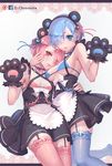  animal_ears bear_ears bear_paws blue_bra blue_eyes blue_hair blue_legwear bra breasts cleavage garter_straps hair_over_one_eye heart heart-shaped_pupils highres hug karesuki looking_at_viewer maid medium_breasts multiple_girls pink_bra pink_eyes pink_hair pink_legwear ram_(re:zero) re:zero_kara_hajimeru_isekai_seikatsu rem_(re:zero) short_hair siblings sisters small_breasts smile symbol-shaped_pupils thighhighs twins underwear 