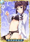  black_bra black_hair black_legwear black_panties bra brown_eyes garter_belt glasses grisaia_(series) grisaia_no_kajitsu long_hair looking_at_viewer navel open_clothes open_shirt panties shirt smile solo tachibana_chizuru_(grisaia) underwear white_shirt 