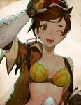  backlighting bomber_jacket bow bow_bra bra breasts brown_background brown_eyes brown_hair collarbone goggles hand_on_goggles jacket lace lace-trimmed_bra looking_at_viewer medium_breasts no_shirt off_shoulder one_eye_closed open_mouth overwatch salmon88 short_hair smile solo spiked_hair tracer_(overwatch) underwear upper_body yellow_bra 