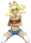  1girl animal_ears belt beltbra blonde_hair blue_eyes bracelet breasts cleavage dark_skin denim denim_shorts female fringe hand_on_own_arm hand_on_own_chin jewelry liru long_hair midriff navel ponytail renkin_san-kyuu_magical_pokaan shorts simple_background smile solo spiked_bracelet thighhighs triple-q whiskers white_background wolf_ears 