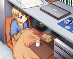  bangs blanket blush book collarbone computer cup desk drill_hair gurena hiding holding holding_book idolmaster idolmaster_cinderella_girls indoors kotatsu laptop light_brown_hair long_sleeves morikubo_nono mousepad_(object) mug mushroom open_book orange_eyes paper pillow plant pot potted_plant reading short_hair smile solo table under_table 