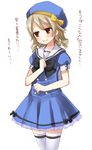  beret black_bow blue_dress blue_hat blush bow brown_eyes buttons check_translation dress drill_hair fummy hat idolmaster idolmaster_cinderella_girls light_brown_hair looking_away morikubo_nono open_mouth puffy_short_sleeves puffy_sleeves sailor_collar sailor_dress short_dress short_hair short_sleeves smile solo tears thighhighs translation_request white_legwear zettai_ryouiki 