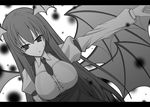  :o akino_masoho armband bat_wings breasts buttons collared_shirt commentary_request dutch_angle eyebrows eyebrows_visible_through_hair greyscale hair_between_eyes head_wings high-waist_skirt juliet_sleeves koakuma large_breasts long_hair long_sleeves looking_at_viewer monochrome multiple_wings necktie outstretched_arm puffy_sleeves shirt sidelocks skirt solo taut_clothes taut_shirt touhou underbust v-shaped_eyebrows very_long_hair wings 