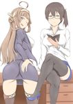  ahoge alternate_costume alternate_eye_color arm_support ass ass_grab bespectacled black_jacket black_skirt blouse blue_skirt book breasts brown_hair brown_legwear crossed_legs desk expressionless from_behind glasses grabbing_own_ass hand_on_own_ass highres holding holding_book jacket jitome kaga_(kantai_collection) kantai_collection kongou_(kantai_collection) long_sleeves looking_at_viewer medium_breasts miniskirt multiple_girls nobcoffee office_lady on_desk one_eye_closed open_mouth pencil_skirt purple_eyes short_ponytail side_ponytail sitting sitting_on_desk skirt thighhighs thighs unbuttoned white_blouse yellow_eyes zettai_ryouiki 