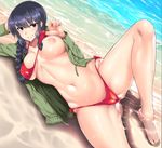  absurdres bangs bikini bikini_pull black_hair blunt_bangs blush braid breasts cameltoe day grin highres kantai_collection kitakami_(kantai_collection) large_breasts long_hair long_sleeves looking_at_viewer lying meicha naughty_face navel nipples on_side one_breast_out pulled_by_self purple_eyes red_bikini resized shiny shiny_skin single_braid smile solo swimsuit teeth upscaled water wet 