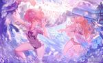  black_panties blonde_hair cherry_blossoms green_eyes hair_ornament idolmaster idolmaster_cinderella_girls jougasaki_mika jougasaki_rika long_hair looking_at_viewer multiple_girls one_eye_closed open_mouth panties pink_hair red_eyes shirt side-tie_panties underwear usanekorin wading water wet wet_clothes wet_shirt white_shirt 