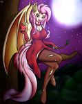  2016 anthro anthrofied apple bare_shoulders bat_pony bat_wings big_breasts breasts choker cleavage clothed clothing crossed_legs dress elbow_gloves equine female fingerless_gloves flutterbat_(mlp) fluttershy_(mlp) food friendship_is_magic fruit gloves hair holding_object horse hybrid legwear long_hair mammal membranous_wings moon my_little_pony night novaspark open_mouth pink_hair pony red_eyes smile solo stockings thigh_highs tongue tongue_out tree wings 