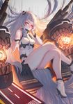  airfield_hime ankle_boots boots crossed_legs gloves hair_ornament kantai_collection long_hair looking_at_viewer orange_eyes shinkaisei-kan silver_hair sitting smile solo usanekorin white_footwear white_gloves 