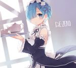  apron blue_eyes blue_hair blush closed_mouth copyright_name cup detached_sleeves dress enomoto_hina expressionless frilled_sleeves frills from_side hair_ornament hair_over_one_eye holding holding_tray looking_at_viewer maid maid_headdress neck_ribbon re:zero_kara_hajimeru_isekai_seikatsu rem_(re:zero) ribbon ribbon-trimmed_clothes ribbon-trimmed_sleeves ribbon_trim shadow short_hair solo steam teapot tray x_hair_ornament 