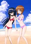  :d ^_^ absurdres beach bikini black_hair blush body_blush breasts brown_hair closed_eyes cloud collarbone day flat_chest front-tie_top girls_und_panzer head_tilt highres knees_together_feet_apart leaning_to_the_side long_hair looking_at_another multiple_girls navel nishizumi_miho ocean official_art open_mouth outdoors pink_bikini red_bikini reizei_mako scan sky small_breasts smile sports_bikini standing strap_pull sugimoto_isao sweatdrop swimsuit very_long_hair water yoshida_nobuyoshi 