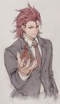  fire formal granblue_fantasy hair_between_eyes haoni highres looking_at_viewer male_focus necktie percival_(granblue_fantasy) red_eyes red_hair simple_background sketch smile solo suit 