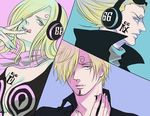  1girl 2boys bandanna blonde_hair blue_eyes brother_and_sister cleavage collared_shirt family hair_over_one_eye headphones low_neckline multiple_boys one_piece popped_collar sanji siblings tattoo tongue v vinsmoke_family vinsmoke_reiju vinsmoke_yonji 