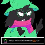  2018 anthro black_fur caprine clothed clothing deltarune digital_media_(artwork) eyewear fur glasses goat hat male mammal not_safe_for_reality ralsei scarf simple_background solo text video_games 