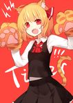  animal_ears ascot background_text blonde_hair cat_ears cat_tail fang gloves hair_ribbon highres kemonomimi_mode long_sleeves looking_at_viewer open_mouth paw_gloves paws red_background ribbon rumia sh_(562835932) shirt short_hair skirt skirt_set smile solo tail touhou vest 