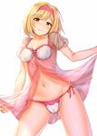  aldehyde alternate_costume ass_visible_through_thighs babydoll bangs blonde_hair breasts cameltoe camisole camisole_lift cleavage djeeta_(granblue_fantasy) granblue_fantasy hairband lingerie looking_at_viewer medium_breasts navel open_clothes panties parted_lips partially_visible_vulva pink_hairband puffy_short_sleeves puffy_sleeves see-through short_hair short_sleeves side-tie_panties smile solo standing swept_bangs thighs underwear white_background white_panties yellow_eyes 