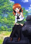  :d absurdres arm_support black_legwear blush breasts brown_eyes brown_footwear brown_hair cloud collarbone day eyebrows eyebrows_visible_through_hair girls_und_panzer green_skirt ground_vehicle head_tilt headphones headphones_around_neck highres knees_together_feet_apart leaning_forward loafers long_hair long_sleeves looking_at_viewer medium_breasts military military_vehicle motor_vehicle neckerchief official_art on_vehicle ooarai_school_uniform open_mouth outdoors panzerkampfwagen_iv pleated_skirt school_uniform serafuku shoes sitting skirt sky smile solo sugimoto_isao takebe_saori tank thighhighs throat_microphone translation_request tree v 