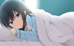  asashio_(kantai_collection) backlighting bangs bed black_hair blue_eyes blush collarbone from_side indoors jewelry kantai_collection long_hair long_sleeves looking_at_viewer lying nagami_yuu on_side pajamas pillow ring smile solo sparkle under_covers wedding_band 