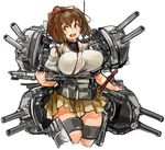  alternate_breast_size breasts brown_eyes brown_hair cowboy_shot gigantic_breasts hair_ornament hair_ribbon high_ponytail ise_(kantai_collection) japanese_clothes kantai_collection katana looking_to_the_side machinery open_mouth perky_breasts pleated_skirt ponytail ribbon sachito simple_background skin_tight skirt smile solo sword thick_thighs thighs weapon white_background 