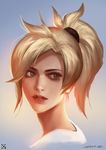  backlighting blonde_hair blue_background casual gradient gradient_background grey_eyes high_ponytail lips looking_at_viewer looking_away looking_to_the_side mercy_(overwatch) nose overwatch portrait realistic shirt signature solo white_shirt xiaoguimist yellow_background 