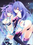  ass bdsm blue_eyes blue_hair bondage bound braid breasts dominatrix elbow_gloves gloves hair_between_eyes hair_ornament hands_above_head iris_heart kami_jigen_game_neptune_v large_breasts long_hair looking_at_viewer multiple_girls neptune_(series) official_art purple_hair purple_heart red_eyes smile symbol-shaped_pupils tsunako twin_braids very_long_hair 