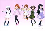  absurdres akiyama_yukari apron bandages black_hair black_legwear brown_eyes brown_hair camouflage camouflage_apron copyright_name floral_print girls_und_panzer glasses hands_together hat highres isuzu_hana kappougi kneehighs ladle long_hair mob_cap multiple_girls nishizumi_miho official_art orange_hair oven_mitts pink_apron pink_background print_apron reizei_mako short_hair slippers smile takebe_saori thighhighs tongue wavy_hair 