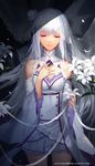  breasts cleavage closed_eyes detached_sleeves emilia_(re:zero) flower hair_flower hair_ornament highres lily_(flower) long_hair medium_breasts pointy_ears re:zero_kara_hajimeru_isekai_seikatsu silver_hair solo swd3e2 