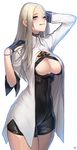  :q blonde_hair blue_eyes breasts cleavage closers harpy_(closers) highres hips instant_ip labcoat large_breasts long_hair looking_at_viewer mole mole_under_eye simple_background solo tongue tongue_out white_background 