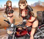  :o :q anmi arch arm_up bikini bikini_under_clothes black_jacket black_shorts blue_sky box breasts brown_hair building buttons choker cleavage cliff closed_mouth collarbone cropped_jacket day desert ground_vehicle gun hand_on_own_chest handgun highres holster jacket legs_together long_hair long_sleeves looking_at_viewer medium_breasts motor_vehicle motorcycle multiple_girls on_motorcycle open_fly original outdoors parted_lips pistol red_bikini red_eyes red_shirt sheath sheathed shiny shiny_skin shirt short_shorts shorts side-tie_bikini sitting sky standing summer swimsuit thigh_holster thigh_strap tongue tongue_out weapon 