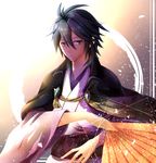  alternate_costume black_eyes black_hair capelet cimeri deere_(fire_emblem_if) fan fire_emblem fire_emblem_if japanese_clothes kimono male_focus open_mouth solo 