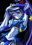  arm_up armpits black_background black_hat blue_bow bow cowboy_shot cure_magical hat izayoi_liko long_hair looking_away magical_girl mahou_girls_precure! mini_hat mini_witch_hat navel ninomae ponytail precure purple_eyes purple_hair sapphire_(stone) sapphire_style sash skirt smile solo white_skin witch_hat 