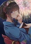  alternate_hairstyle blue_eyes book brown_hair fireworks hairband highres idolmaster idolmaster_cinderella_girls japanese_clothes kimono looking_at_viewer night nohito sagisawa_fumika smile solo yukata 