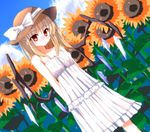  alternate_costume alternate_headwear blonde_hair blue_sky blush cloud crystal day dress dutch_angle field flandre_scarlet flower flower_field hat hat_ribbon looking_at_viewer md5_mismatch misoshiru_(meridianchild312) nature red_eyes ribbon side_ponytail sky sleeveless smile solo sunflower touhou white_dress wings 