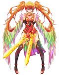  bird_wings boots breasts chinese_clothes cleavage cleavage_cutout dress dual_wielding earrings elbow_gloves gloves green_eyes holding jewelry large_breasts leilan_(p&amp;d) long_hair looking_at_viewer multicolored multicolored_wings orange_hair puzzle_&amp;_dragons short_dress smile solo sword thigh_boots thighhighs tonton_(hamuni123) twintails weapon wings 