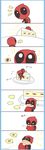  1boy bad_id bad_pixiv_id bodysuit cake chibi chiemi_(chi222xxx) climbing comic deadpool eating flying_sweatdrops food fruit heart highres male_focus marvel solo sparkle spoken_exclamation_mark spoken_heart strawberry superhero twitter_username whipped_cream 