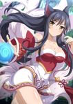 ahri animal_ears bare_shoulders black_hair blush breasts cleavage collarbone commentary detached_sleeves energy_ball facial_mark forest fox_ears fox_tail korean_clothes large_breasts league_of_legends long_hair multiple_tails nature solo tail twitter_username wanaca whisker_markings yellow_eyes 
