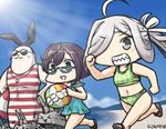  2girls ahoge animalization asashimo_(kantai_collection) ball beach beachball blue_sky brown_hair commentary dated day flip-flops glasses green_eyes hair_over_one_eye hamu_koutarou kantai_collection lifebuoy long_hair marine_day multiple_girls muscle okinami_(kantai_collection) outdoors ponytail rensouhou-chan sandals seal sharp_teeth shimakaze_(kantai_collection) shimakaze_(seal) short_hair silver_hair sky sunglasses swimsuit teeth whistle 