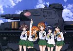  :d absurdres ahoge akiyama_yukari anglerfish arm_up black_eyes black_hair black_legwear blush bottle brown_eyes brown_footwear brown_hair cloud cowboy_shot day doughnut emblem eyebrows eyebrows_visible_through_hair finger_to_mouth food fork girls_und_panzer green_skirt ground_vehicle hairband hamburger head_tilt highres holding holding_bottle holding_food holding_fork huge_ahoge isuzu_hana kneehighs lettuce loafers long_hair long_sleeves looking_at_another military military_vehicle motor_vehicle multiple_girls neckerchief nishizumi_miho official_art ooarai_(emblem) ooarai_school_uniform open_mouth outdoors pleated_skirt pointing pointing_up reizei_mako school_uniform serafuku shirt shoes short_hair skirt sky smile standing sugimoto_isao takebe_saori tank thighhighs translation_request very_long_hair white_shirt zettai_ryouiki 