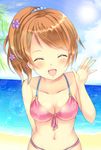  beach bikini breasts brown_hair cleavage closed_eyes flower hair_flower hair_ornament harukaruha highres houjou_karen idolmaster idolmaster_cinderella_girls long_hair medium_breasts open_mouth ponytail smile solo swimsuit 