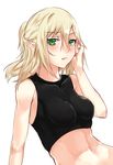  arm_at_side asuzemu bad_id bad_pixiv_id bare_shoulders black_shirt blonde_hair blush breasts crop_top eyebrows eyebrows_visible_through_hair eyelashes green_eyes hand_on_own_cheek hand_on_own_head hand_up impossible_clothes looking_at_viewer medium_breasts mizuhashi_parsee navel pointy_ears ponytail shirt simple_background sleeveless sleeveless_shirt solo stomach taut_clothes taut_shirt touhou upper_body white_background 