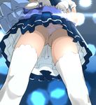  ass_visible_through_thighs backlighting blue_skirt blurry blurry_background character_request from_below gloves idolmaster idolmaster_cinderella_girls idolmaster_cinderella_girls_starlight_stage mirakichi out_of_frame panties pantyshot pantyshot_(standing) pink_panties pleated_skirt skirt solo standing starry_sky_bright thighhighs underwear upskirt white_gloves white_legwear 