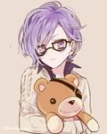  1boy amo_(yellowpink_a) bags_under_eyes carrying closed_mouth collared_shirt diabolik_lovers eyepatch glasses looking_at_viewer male_focus purple_eyes purple_hair sakamaki_kanato simple_background solo sweater teddy_(diabolik_lovers) twitter_username upper_body 
