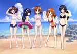  :d absurdres ahoge akiyama_yukari arm_up arms_behind_back ass barefoot beach bikini black_bikini black_hair blue_shorts blush body_blush breasts brown_eyes brown_hair cleavage clenched_hand cloud collarbone day eyebrows eyebrows_visible_through_hair full_body girls_und_panzer green_swimsuit hairband halterneck head_tilt highres holding hood hooded_jacket huge_ahoge innertube isuzu_hana jacket leaning_forward long_hair long_sleeves looking_at_viewer looking_back medium_breasts multiple_girls navel nishizumi_miho official_art open_clothes open_jacket open_mouth outdoors pink_bikini red_bikini reizei_mako rock short_hair short_shorts shorts sky small_breasts smile standing sugimoto_isao sunlight swimsuit takebe_saori towel unbuttoned very_long_hair water white_swimsuit 