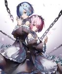  absurdres apron blue_eyes blue_hair blush bug butterfly chain detached_sleeves eredhen hands_together highres insect maid maid_apron md5_mismatch multiple_girls pink_eyes pink_hair ram_(re:zero) re:zero_kara_hajimeru_isekai_seikatsu rem_(re:zero) short_hair siblings sisters smile twins 