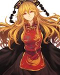  black_dress black_hat blonde_hair chinese_clothes closed_mouth dress floating_hair hair_between_eyes hat head_tilt junko_(touhou) long_hair red_eyes simple_background solo tabard tassel terrajin touhou white_background wide_sleeves 