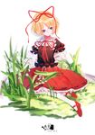  absurdres blonde_hair blue_eyes full_body grass hair_ribbon highres looking_away mary_janes medicine_melancholy on_ground puffy_sleeves ribbon shirt shoes short_hair short_sleeves sitting skirt solo touhou touhou_enkyou_ningyou white_background 