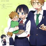  2boys black_hair blue_eyes blush brown_eyes brown_hair dress dual_persona flying_sweatdrops hug kitashirakawa_tamako long_hair mole mole_on_neck momose_(oqo) multiple_boys necktie ooji_mochizou pinafore_dress school_uniform short_hair tamako_market time_paradox translation_request twintails younger 