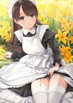  :o apron arm_support bad_id bad_pixiv_id bangs black_dress blush brown_eyes brown_hair chestnut_mouth dress dress_lift field flower flower_field garter_straps hair_over_one_eye highres juliet_sleeves lace_trim lily_(flower) long_hair long_sleeves looking_at_viewer maid maid_apron maid_headdress megumoke on_ground original parted_lips puffy_sleeves skirt solo thighhighs thighs white_apron white_legwear wing_collar zettai_ryouiki 