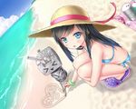  &gt;_&lt; :&gt; alternate_costume asashio_(kantai_collection) bare_shoulders beach bikini black_hair blue_bikini blue_eyes blue_sky blush breasts closed_eyes cloud cloudy_sky commentary_request day drum_(container) gotou_hisashi hat heart kantai_collection leg_hug long_hair looking_at_viewer ocean outdoors rensouhou-chan sand sandals scrunchie side-tie_bikini sky small_breasts smile squatting straw_hat sun_hat swimsuit turret water wrist_scrunchie 