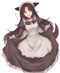  alternate_costume animal_ears apron brown_hair curtsey dress enmaided flying_sweatdrops imaizumi_kagerou juliet_sleeves long_sleeves maid maid_headdress puffy_sleeves red_eyes skirt_hold solo tail terrajin touhou white_background wolf_ears wolf_tail 