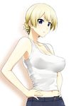  bangs blonde_hair blue_eyes braid breasts cleavage commentary_request covered_nipples darjeeling denim eyebrows eyebrows_visible_through_hair girls_und_panzer gradient gradient_background hair_up hands_on_hips jeans large_breasts looking_at_viewer mattari_yufi midriff navel open_mouth pants shadow sketch solo tank_top upper_body 